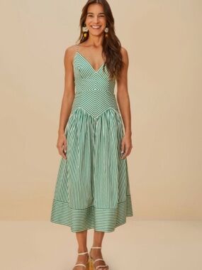 Farm Rio green and white striped dress NWT